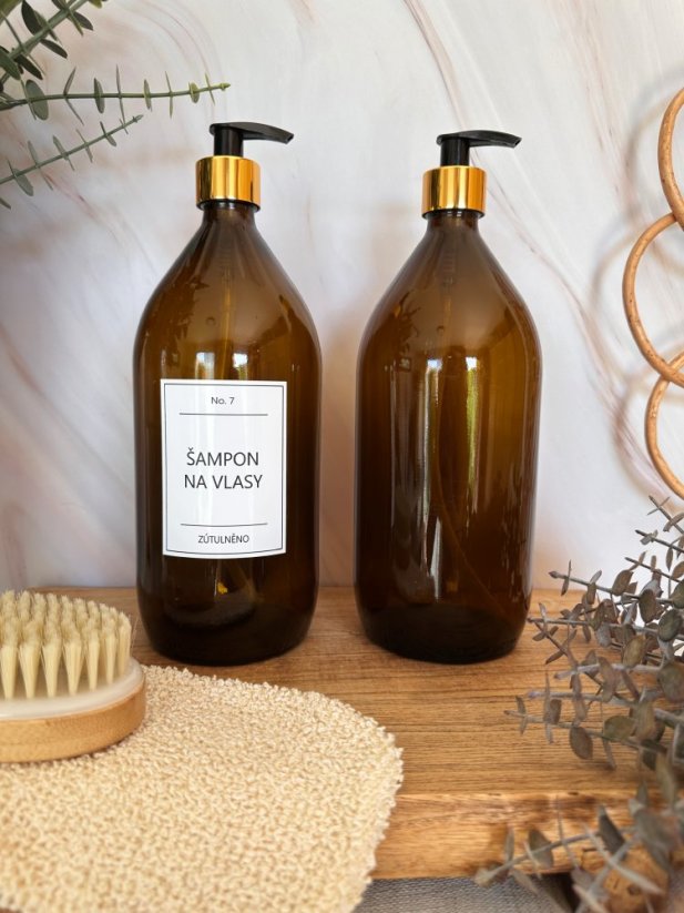 Hnědá skleněná lahvička se zlatou-černou pumpičkou - objem 1000 ml