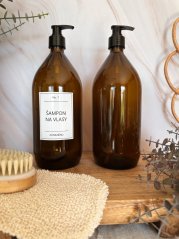 Hnědá skleněná lahvička s černou pumpičkou - objem 1000 ml